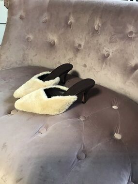 Faux-Fur Cream Pointed Mule Heels
